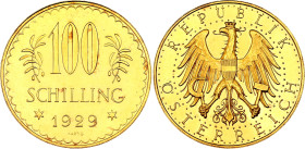 Austria 100 Schilling 1929
KM# 2842, N# 15149; Gold (0.900) 23.52 g., 33 mm., Prooflike; Mintage 74849 pcs; With hairlines