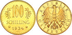Austria 100 Schilling 1934
KM# 2842, N# 15149; Gold (0.900) 23.52 g., 33 mm., Prooflike; Mintage 9383 pcs; With minor hairlines