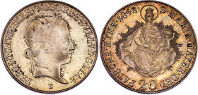 Hungary 20 Krajczar 1848 B
KM# 422, H# 2081, ÉH# 1419, Adamo# D8, N# 18828; Silver; Ferdinand I; Kremnica Mint; AUNC with beautiful golden toning