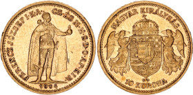 Hungary 10 Korona 1904 KB
KM# 485, ÉH# 1491, N# 10813; Gold (.900), 3.38 g.; Franz Joseph I; XF+