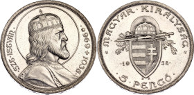 Hungary 5 Pengo 1938 BP
KM# 516, ÉH# 1508, H# 2260, Adamo# P8.1, N# 6490; Silver 25.00 g.; 900th Anniversary - Death of St. Stephan; UNC with mint lu...