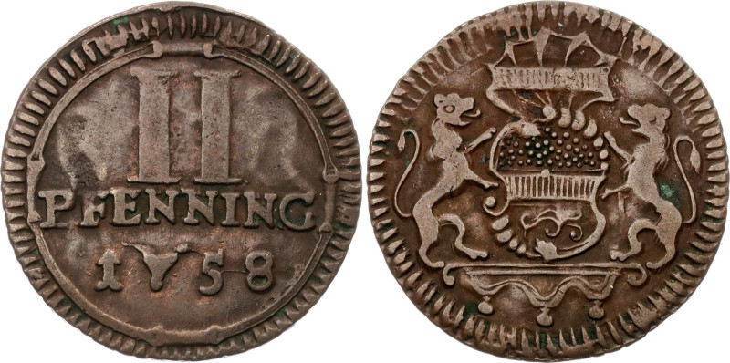 German States Munster 2 Pfennig 1758
KM# 337, N# 35971; Copper; XF