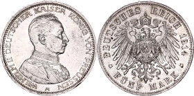 Germany - Empire Prussia 5 Mark 1914 A
KM# 536, J# 114, N# 4714; Silver; Wilhelm II; UNC with minor hairlines & nice toning