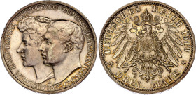 Germany - Empire Saxe-Weimar-Eisenach 3 Mark 1910 A
KM# 221, N# 15896; Silver; Wilhelm Ernst; Grand Duke's second marriage; Mintage 133000 pcs.; UNC ...