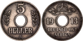 German East Africa 5 Heller 1913 J
KM# 13, N# 21768; Copper-nickel; Wilhelm II; XF-AUNC