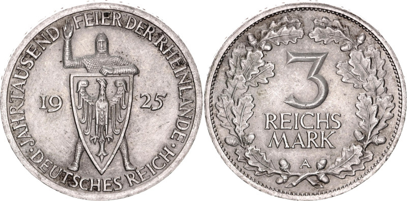 Germany - Weimar Republic 3 Reichsmark 1925 A
KM# 46, J# 321, N# 15901; Silver;...