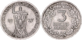 Germany - Weimar Republic 3 Reichsmark 1925 A
KM# 46, J# 321, N# 15901; Silver; 1000th Year of the Rhineland; UNC