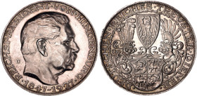 Germany - Weimar Republic 5 Reichsmark 1927 D Medallic Coinage
X# 1, Kienast 386, N# 316556; Silver (.900) 24.79 g., 26 mm; "80th Birthday of Paul vo...