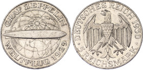 Germany - Weimar Republic 5 Reichsmark 1930 A
KM# 68, N# 29892; Silver; Flight of the Graf Zeppelin; Berlin Mint; Mintage 217000 pcs.; AUNC