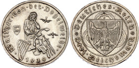 Germany - Weimar Republic 3 Reichsmark 1930 J
KM# 69, N# 39007; Silver; 700th Anniversary - Death of Von Der Vogelweide; Hamburg Mint; Mintage 25000 ...