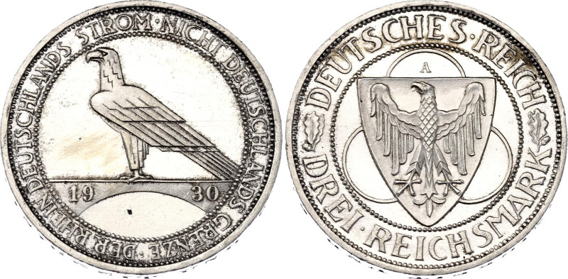 Germany - Weimar Republic 3 Reichsmark 1930 A
KM# 70, N# 15905; Silver; Liberat...