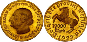 Germany - Weimar Republic Westphalia 10000 Mark 1923 Notgeld
Funck# 645.7, N# 16928; Tombac; Freiherr vom Stein; UNC with full mint luster