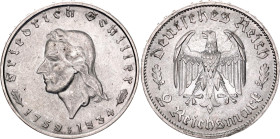 Germany - Third Reich 2 Reichsmark 1934 F
KM# 84, N# 15867; Silver; 175th Anniversary of Friedrich Schiller's Birth; BUNC with mint luster