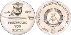 Germany - DDR 5 Mark 1976
KM# 60, N# 43322; Nickel brass; 200th Anniversary of Birth of Ferdinand von Schill; Mintage 100000 pcs.; UNC