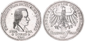 Germany - FRG 5 Deutsche Mark 1955 F
KM# 114, J# 389, N# 10073; Silver; 150th Anniversary - Death of Friedrich von Schiller; UNC with minor hairlines
