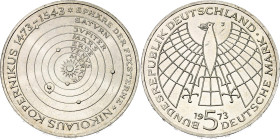 Germany - FRG 5 Mark 1973 J
KM# 136, N# 3433; Silver; 500th Anniversary - Birth of Nicolaus Copernicus; AUNC-UNC