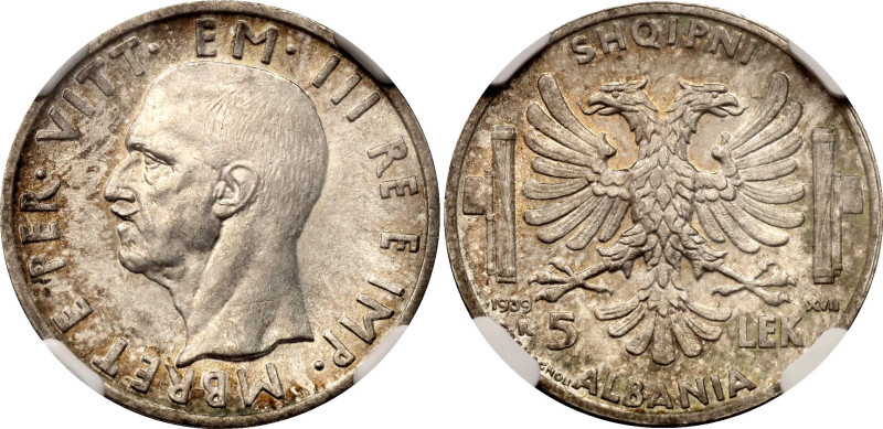 Albania 5 Lek 1939 R NGC MS62
KM# 33, N# 11792; Silver; Vittorio Emanuele III; ...