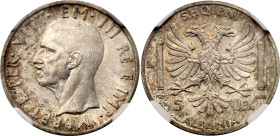Albania 5 Lek 1939 R NGC MS62
KM# 33, N# 11792; Silver; Vittorio Emanuele III; Italian Occupation; With mint luster & nice toning