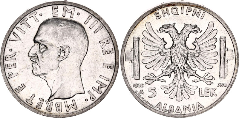 Albania 5 Lek 1939 R
KM# 33, N# 11792; Silver; Vittorio Emanuele III; Italian O...
