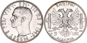 Albania 5 Lek 1939 R
KM# 33, N# 11792; Silver; Vittorio Emanuele III; Italian Occupation; XF/AUNC with minr luster remains