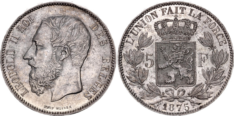 Belgium 5 Francs 1875
KM# 24, LA# BFM-127, N# 276; Silver; Leopold II; AUNC+ wi...