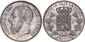Belgium 5 Francs 1875
KM# 24, LA# BFM-127, N# 276; Silver; Leopold II; AUNC+ with nice toning