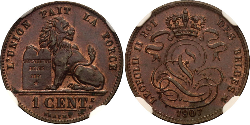 Belgium 1 Centime 1907 /807 Overdate NGC MS64 BN Top Pop
KM# 33.1, N# 517; Fren...