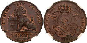 Belgium 1 Centime 1907 /807 Overdate NGC MS64 BN Top Pop
KM# 33.1, N# 517; French text; Copper; Leopold II; Red mint luster remains