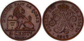 Belgium 2 Centimes 1919
KM# 64, LA# BFM-12, Schön# 35, N# 495; Copper; Albert I; Brussels Mint; UNC