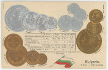 Bulgaria Post Card "Coins of Bulgaria" 1904 - 1912 (ND)
Carton; Bulgaria Coinage Postcard; Currency exchange chart; Emb. litho; Hugo Semmler, Magdebu...