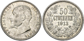 Bulgaria 50 Stotinki 1913
KM# 30, N# 12341; Silver; Ferdinand I; Kremnica Mint; AUNC