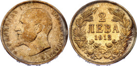 Bulgaria 2 Leva 1912
KM# 32, N# 12364; Silver; Ferdinand I; Kremnitz Mint; AUNC with nice golden toning