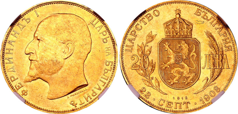 Bulgaria 20 Leva 1912 NGC AU58
KM# 33, N# 60440; Gold (.900), 6.45 g.; Ferdinan...