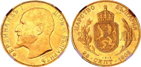 Bulgaria 20 Leva 1912 NGC AU58
KM# 33, N# 60440; Gold (.900), 6.45 g.; Ferdinand I; Declaration of Independence; AUNC