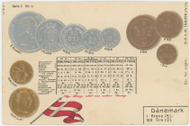 Denmark Post Card "Coins of Denmark" 1904 - 1912 (ND)
Carton; Denmark Coinage Postcard; Currency exchange chart; Emb. litho; Hugo Semmler, Magdeburg ...