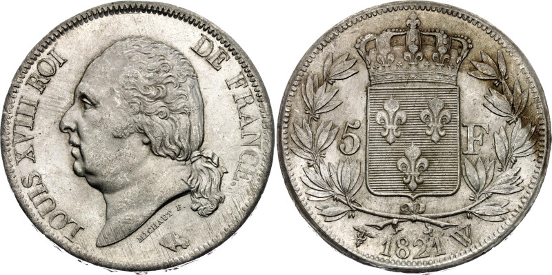 France 5 Francs 1821 W
KM# 711.13, N# 8214; Silver; Louis XVIII; Lille Mint; AU...