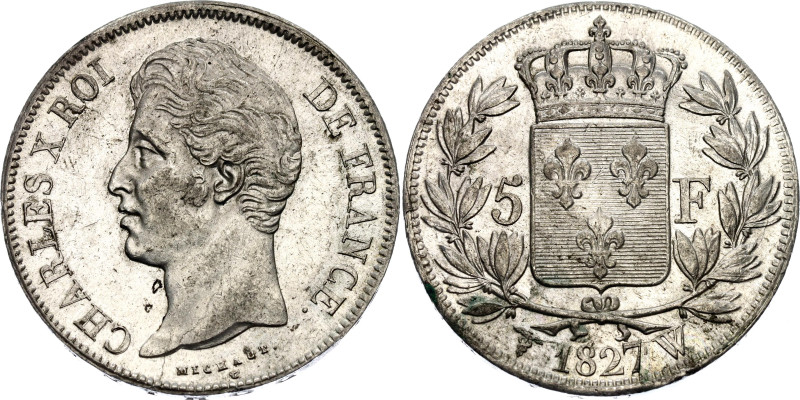 France 5 Francs 1827 W
KM# 728.13, N# 2111; Silver 25.02g.; Charles X; Lille Mi...