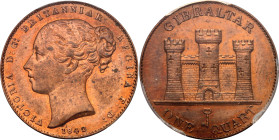Gibraltar 1 Quart 1842 /0 PCGS UNC
KM# 2, Pr# 6, N# 20940; Copper; Victoria (1837-1901); UNC Det. Cleaned