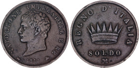 Italian States Kingdom of Napoleon 1 Soldo 1811 M
C# 3, N# 18633; Copper; Napoleon I; Milan Mint; VF-XF
