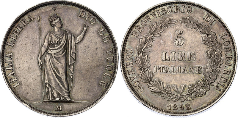 Italian States Lombardy 5 Lire 1848 M
C# 22, N# 18063; Silver; Mintage 120000 p...