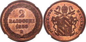 Italian States Papal States 2 Baiocchi 1850 R NGC UNC
KM# 1344, MIR# 3145, Berman# 3324, Munt# 29-30/81-82, N# 18148; Copper; Pius IX (1846-1870); UN...