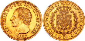 Italian States Sardinia 80 Lire 1827 P NGC AU58
KM# 123.2, Fr# 1133, N# 21496; Gold (.900), 25.8 g.; Charles Felix; Mintage: 14733 pcs.; AUNC