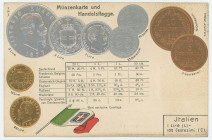 Italy Post Card "Coins of Italy" 1904 - 1912 (ND)
Carton; Italy Coinage Postcard; Currency exchange chart; Emb. litho; Hugo Semmler, Magdeburg (H.S.M...