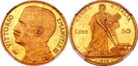 Italy 50 Lire 1912 R NGC MS61
KM# 49, N# 21249; Gold (.900), 16.13 g.; Vittorio Emanuele III; UNC