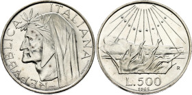 Italy 500 Lire 1965 R
KM# 100, N# 7346; Silver; 700th Anniversary of the birth of Dante Alighieri; UNC with full mint luster
