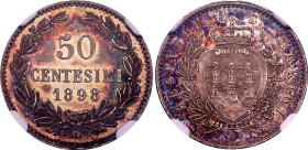San Marino 50 Centesimi 1898 R NGC MS62
KM# 3, N# 27072; Silver; UNC with an outstanding patina