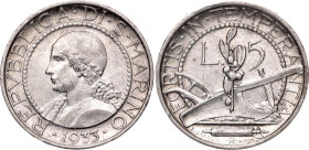 San Marino 5 Lire 1933 R
KM# 9; Silver 5.00 g.; AUNC with mint luster