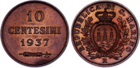 San Marino 10 Centesimi 1937 R
KM# 13, N# 11822; Bronze; UNC with full red mint luster