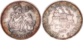San Marino 500 Lire 1975
KM# 48; Silver 11.00 g.; Numismatic Agency opening; UNC with violet patina