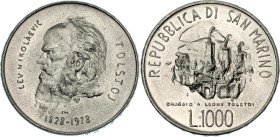 San Marino 1000 Lire 1978
KM# 85, N# 13722; Silver; 150th Anniversary of the Birth of Tolstoy; UNC with mint luster
